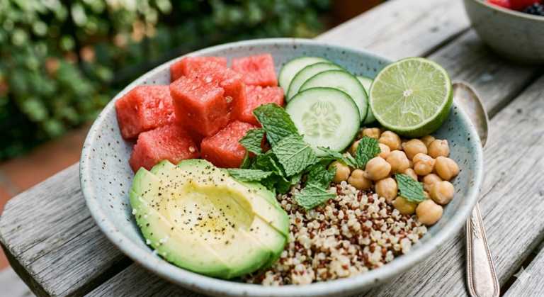 watermelon cucumber mint quinoa bowl vegan summer recipe