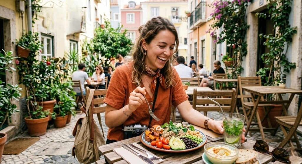 healthy plant-based meal while traveling during summer