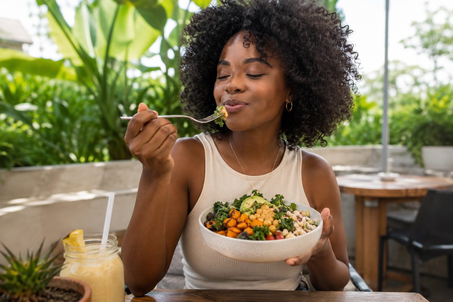 A woman enjoying a relaxed plant-based meal outdoors, embracing sustainable healthy eating over restrictive dieting.