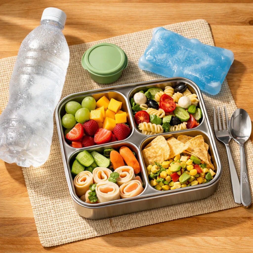 Healthy meal prep lunch box filled with fresh fruits, vegetables, pasta salad, wraps, and water for a balanced, nutritious midday meal.
