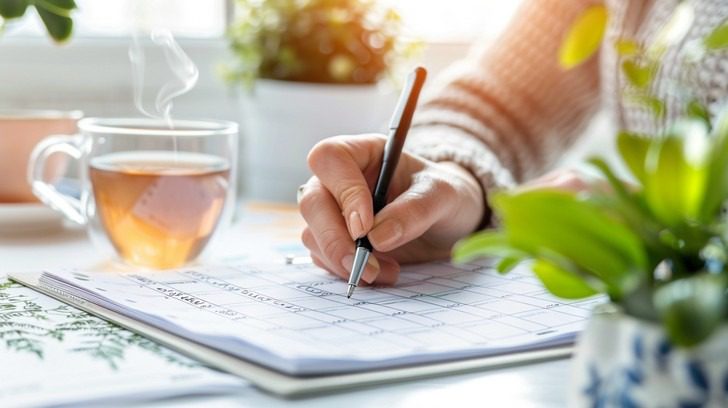 Person writing in a healthy eating journal beside a cup of herbal tea, planning meals and tracking nutrition habits.