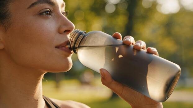 Close-up of a person drinking water from a reusable bottle in a park, promoting hydration and healthy daily habits.