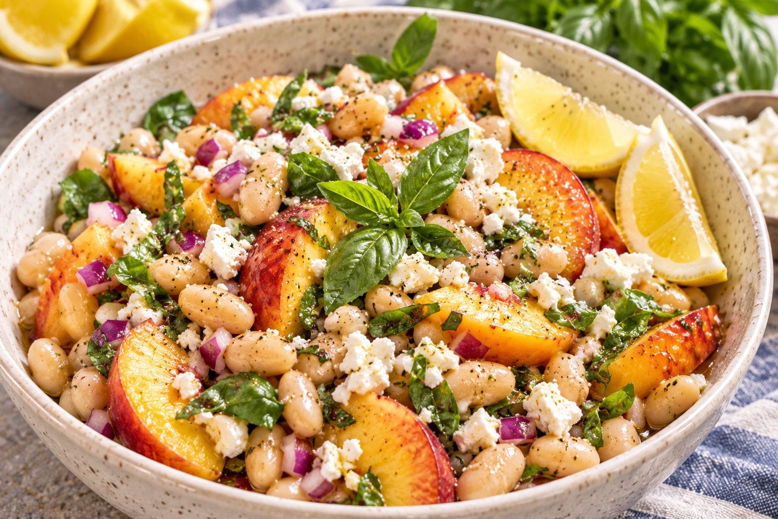 Mediterranean white bean and peach salad with fresh basil and lemon wedges in a ceramic bowl, a colourful plant-based summer recipe rich in protein and fresh produce.