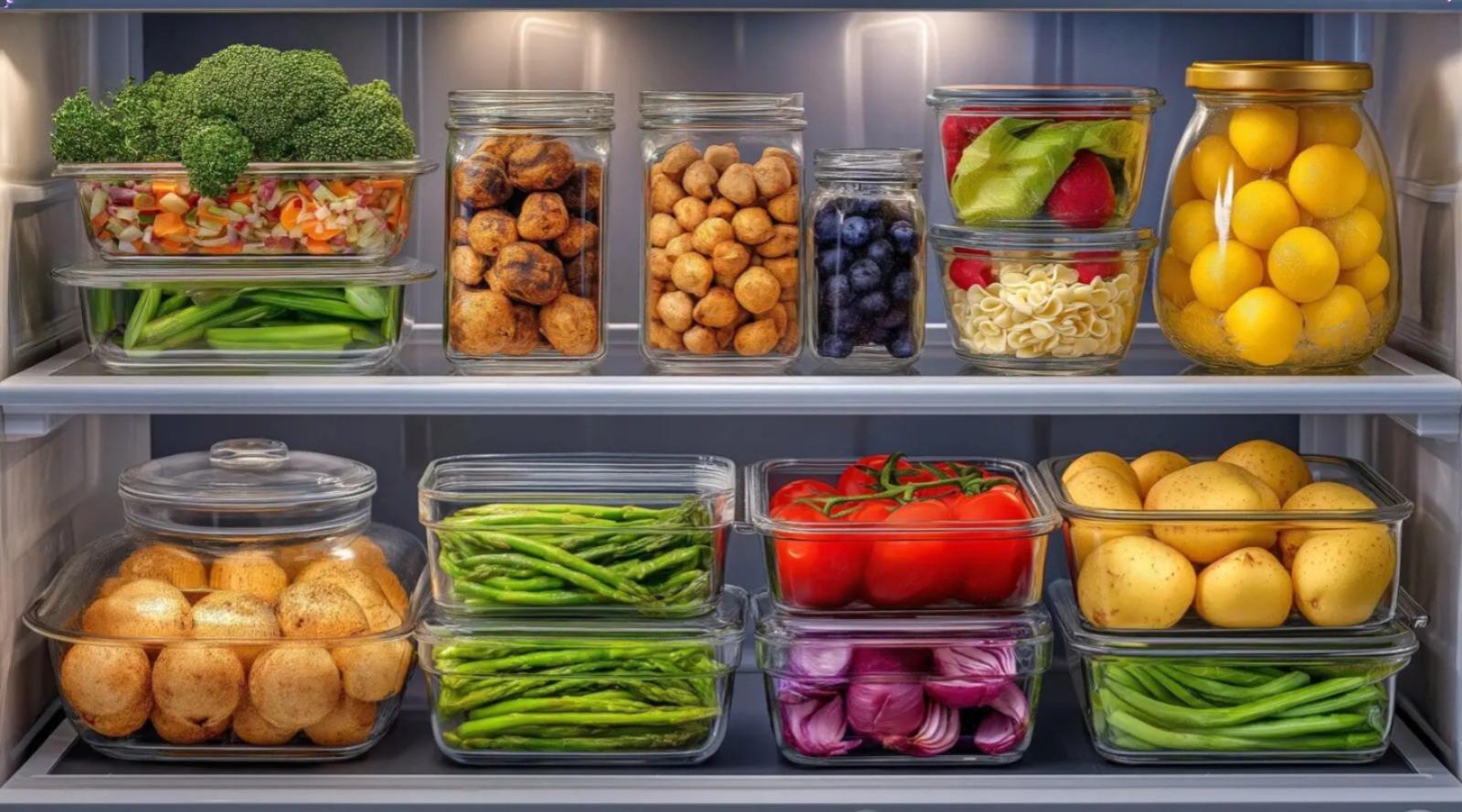 Organized refrigerator with healthy plant-based meal prep ingredients