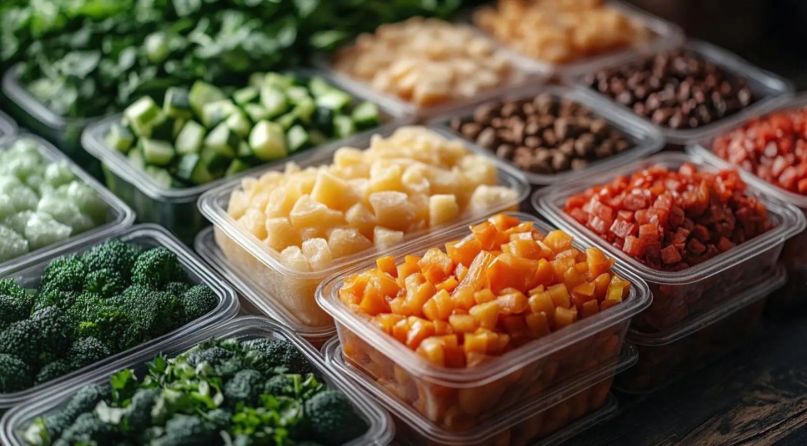 Plant-based meal prep staples, including vegetables, grains, and chickpeas