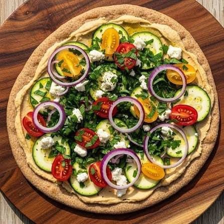 Rainbow veggie hummus flatbread with fresh vegetables and pumpkin seeds.