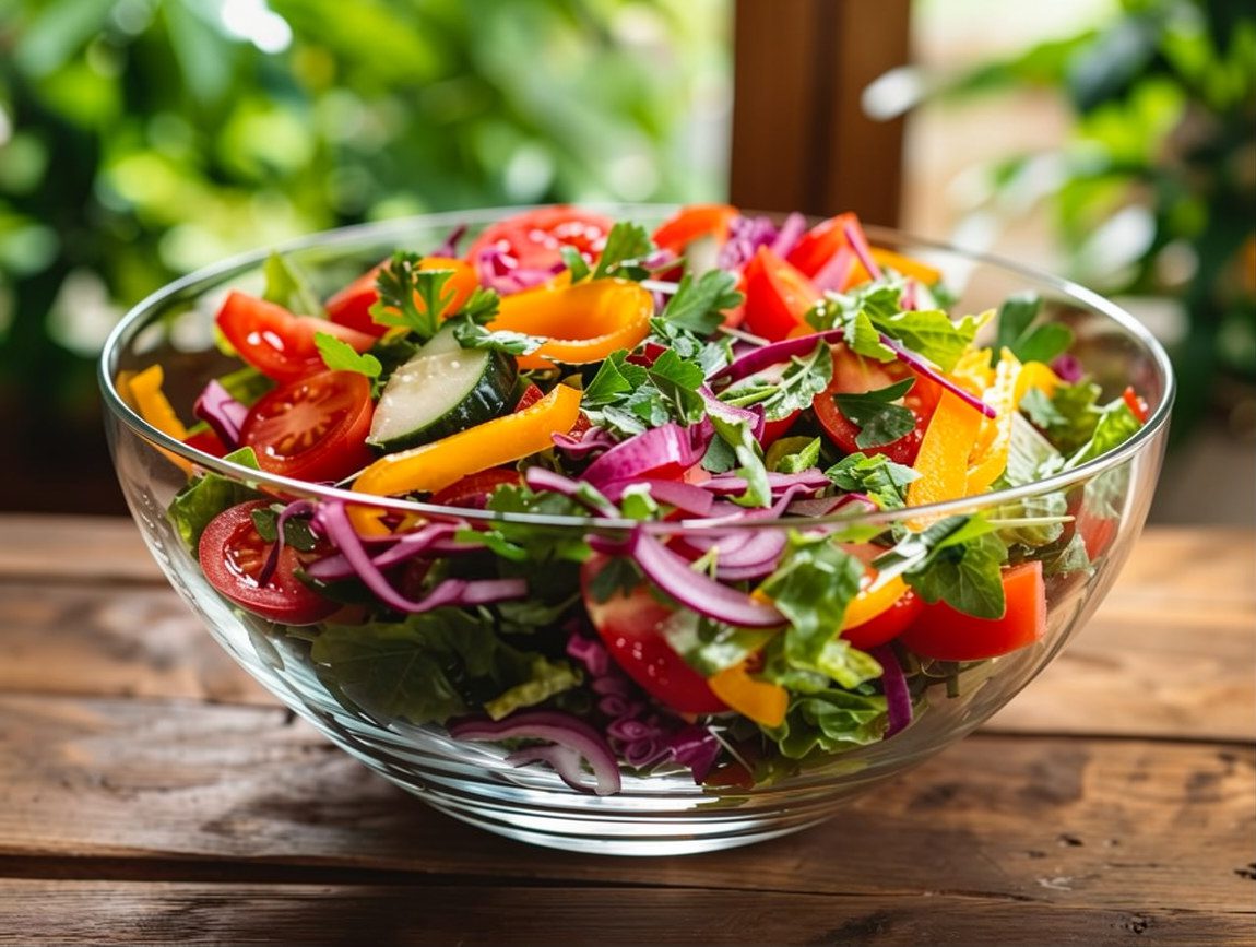 Fresh mixed vegetable salad in a clear glass bowl with lettuce, tomatoes, cucumber, yellow bell peppers, red onion, and fresh herbs on a rustic wooden table, perfect for healthy plant-based eating.