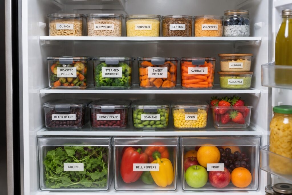 Open refrigerator with neatly organized, labelled meal prep containers filled with cooked quinoa, grains, beans, fresh vegetables, fruit, and healthy snacks arranged on clean shelves for healthy eating and food storage.