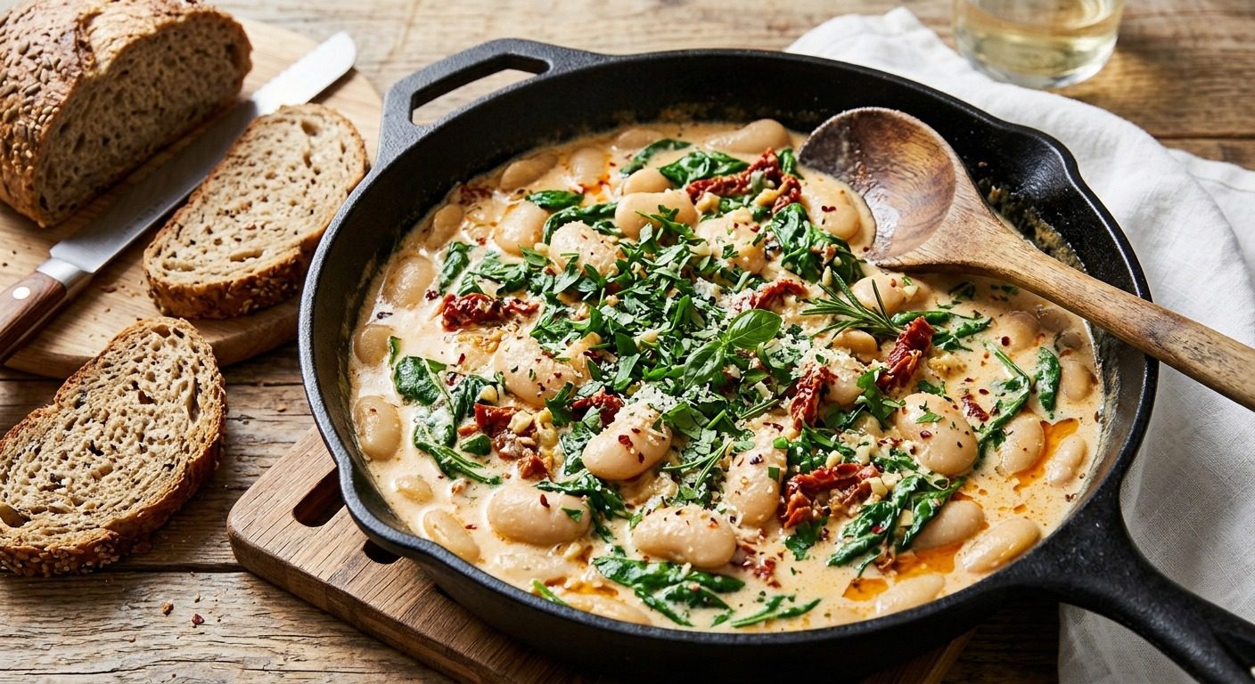 Creamy Tuscan white beans with spinach, sun-dried tomatoes, herbs, and garlic served in a cast-iron skillet with crusty bread.