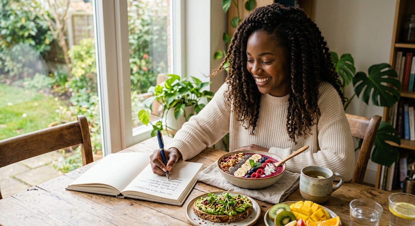 Woman journaling healthy habits at home while enjoying a nourishing smoothie bowl, avocado toast, and fresh fruit.