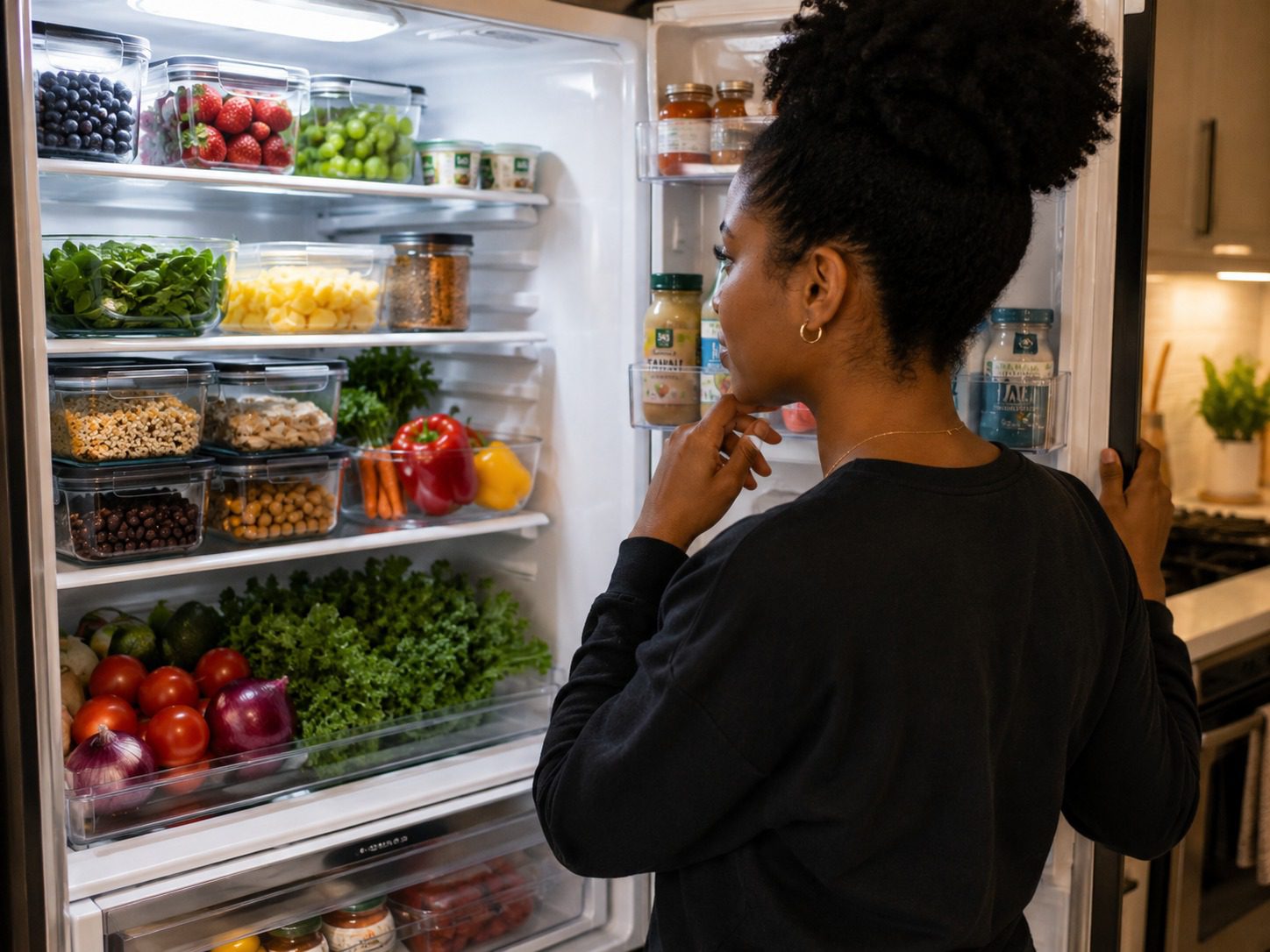 A woman looking into a refrigerator filled with fresh vegetables, beans, grains, and meal prep ingredients while planning a quick, healthy dinner.