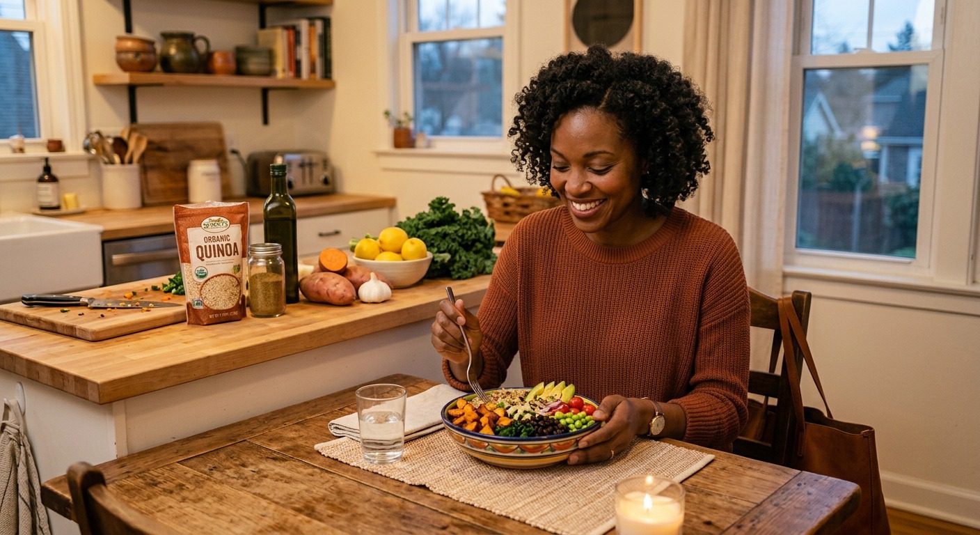 Black woman enjoying a colorful plant-based meal with quinoa, vegetables, and greens at a cozy kitchen table.