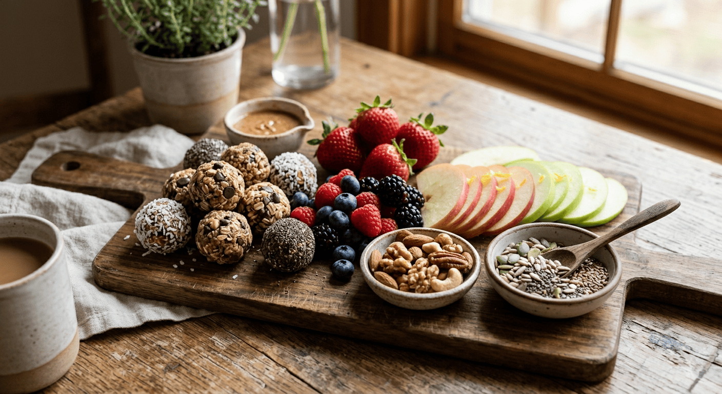 Healthy plant-based snacks including energy bites, fresh berries, sliced apples, nuts, seeds, and nut butter arranged on a wooden serving board.