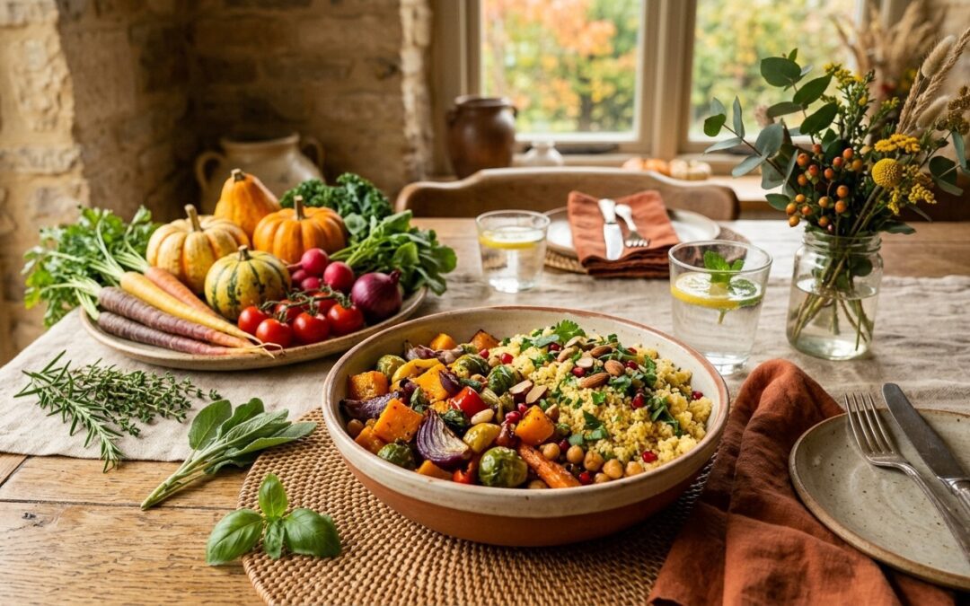 Colorful plant-based grain bowl with roasted seasonal vegetables, chickpeas, fresh herbs, and wholesome ingredients served on a rustic wooden table.