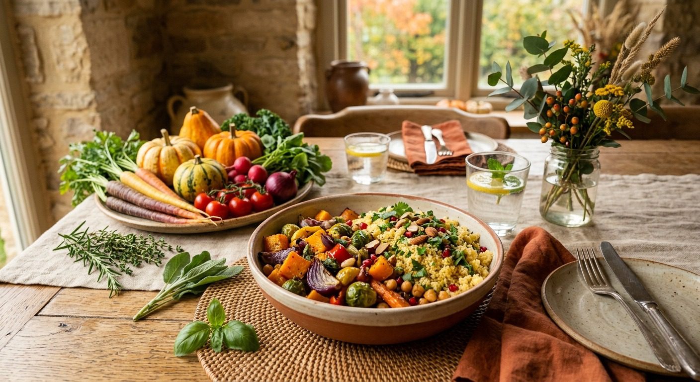 Colorful plant-based grain bowl with roasted seasonal vegetables, chickpeas, fresh herbs, and wholesome ingredients served on a rustic wooden table.