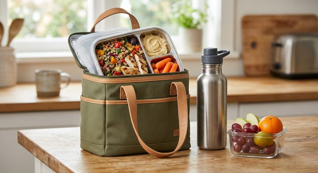 Healthy meal prep lunch box with quinoa, roasted vegetables, hummus, carrots, fresh fruit, and a reusable water bottle.