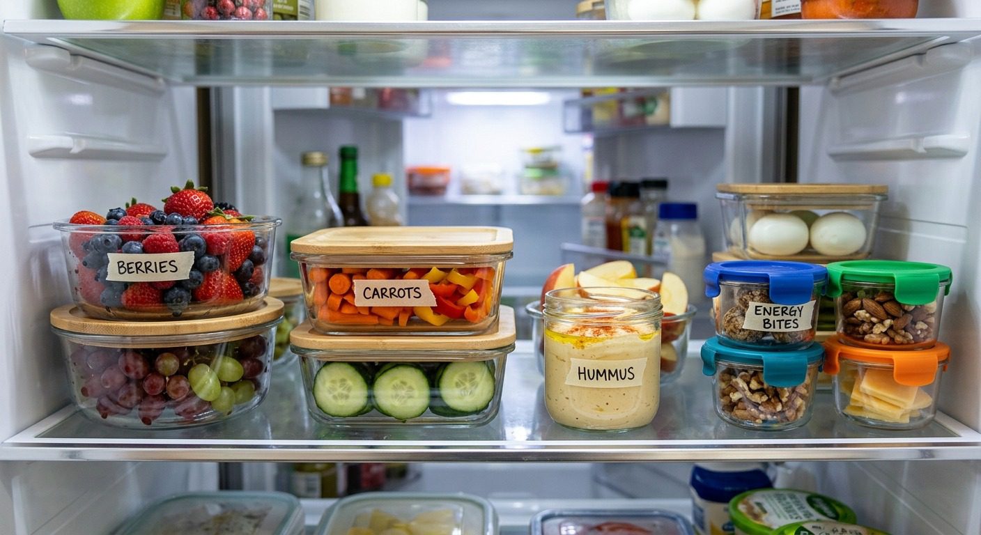 Healthy snack station with ready-to-eat plant-based foods.