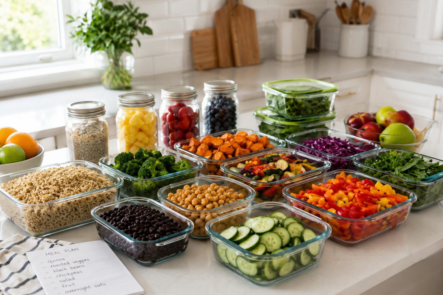 Bright kitchen counter with neatly prepared containers of cooked grains, beans, chopped vegetables, and fresh fruit for easy plant-based meal prep.