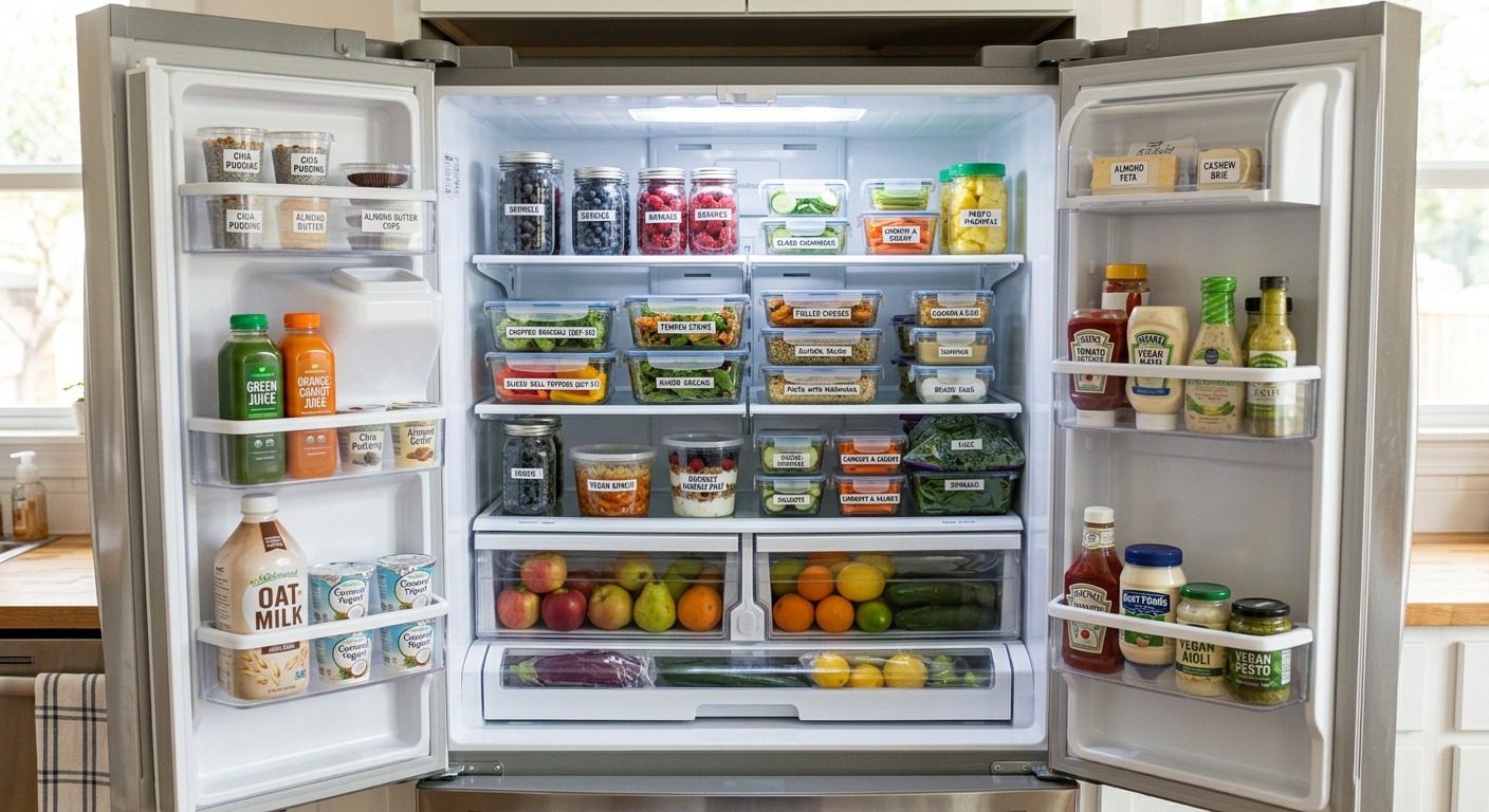 Organized refrigerator stocked with fresh fruits, vegetables, plant-based foods, condiments, and healthy meal-prep containers.