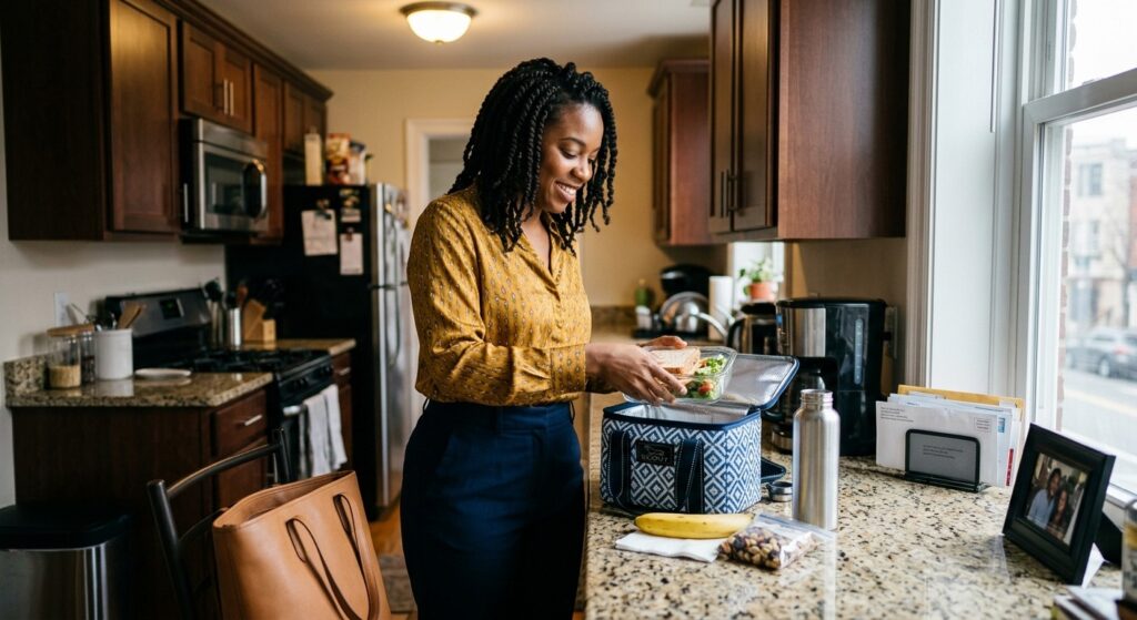 Woman preparing a healthy packed lunch with fresh vegetables, fruit, snacks, and a reusable lunch bag in a home kitchen.