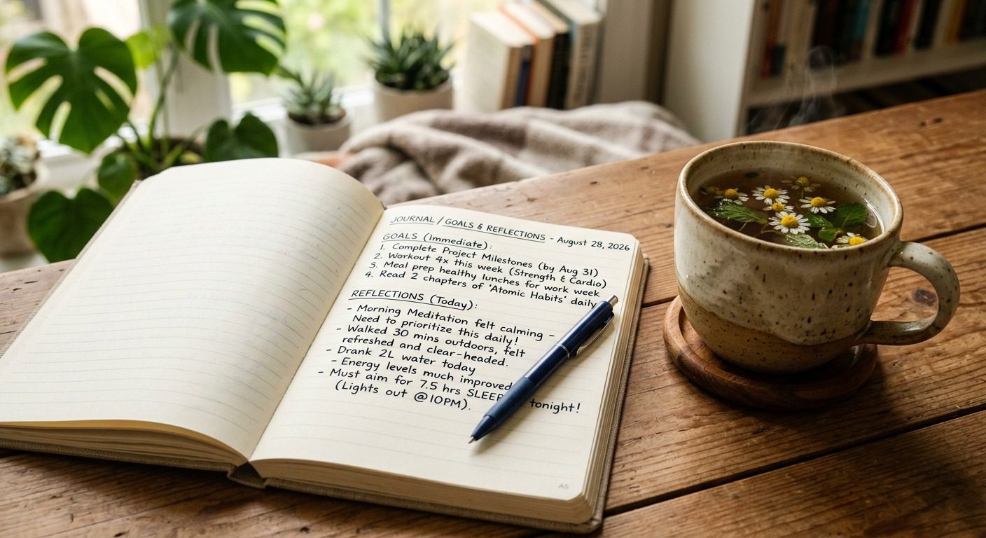 Daily wellness journal with handwritten goals and reflections, a pen, and herbal tea on a wooden table, representing mindfulness and healthy habits.
