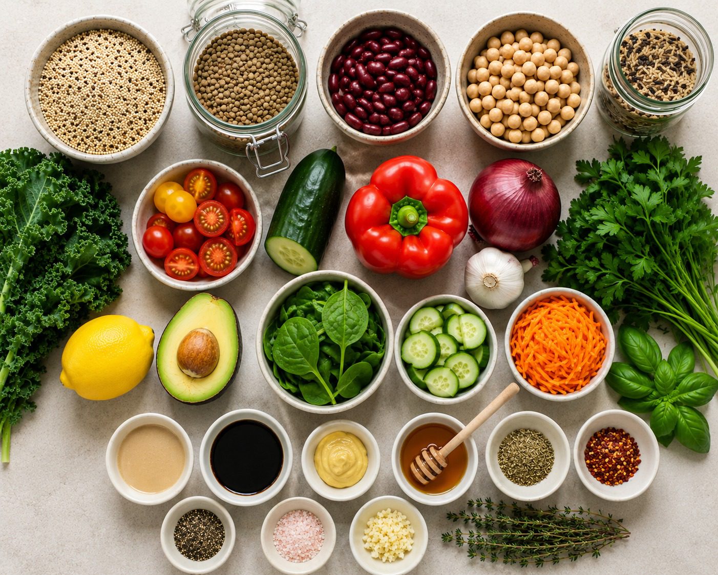 Flat lay of healthy pantry staples featuring quinoa, lentils, kidney beans, chickpeas, fresh vegetables, leafy greens, herbs, and homemade dressing ingredients arranged in bowls on a light background for clean eating and meal prep.