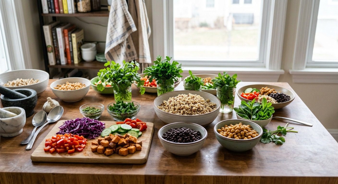 Colorful plant-based meal prep ingredients including quinoa, black beans, chickpeas, tofu, fresh vegetables, and herbs arranged on a wooden kitchen table.