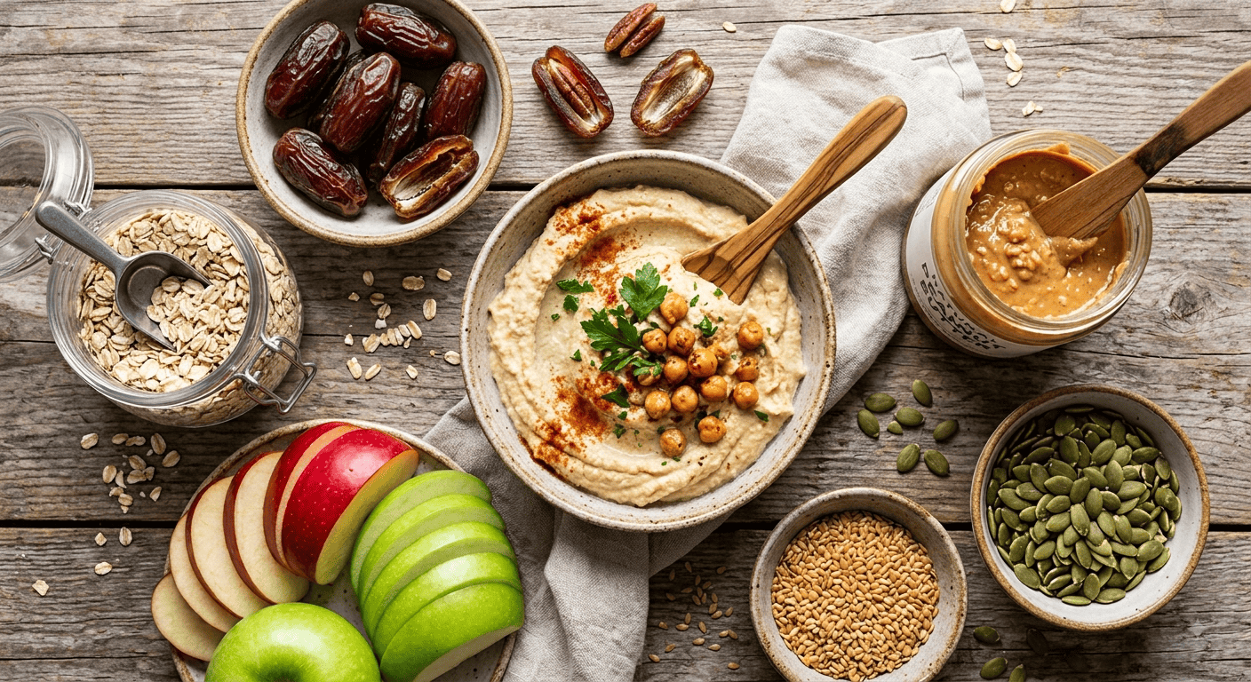 Fibre-rich plant-based snack ingredients including hummus, dates, oats, apples, peanut butter, pumpkin seeds, and grains arranged on a rustic wooden table.