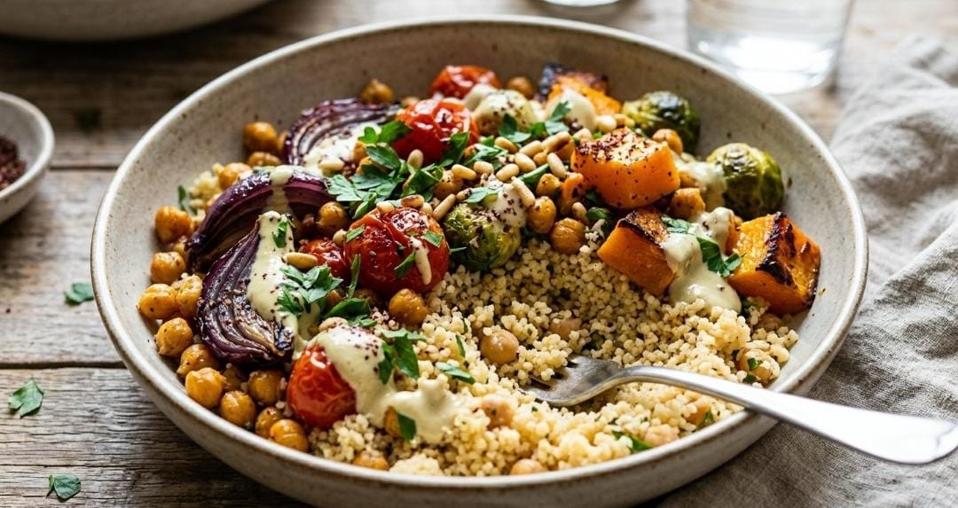 Healthy couscous grain bowl with roasted vegetables, chickpeas, tomatoes, Brussels sprouts, herbs, and creamy tahini dressing.