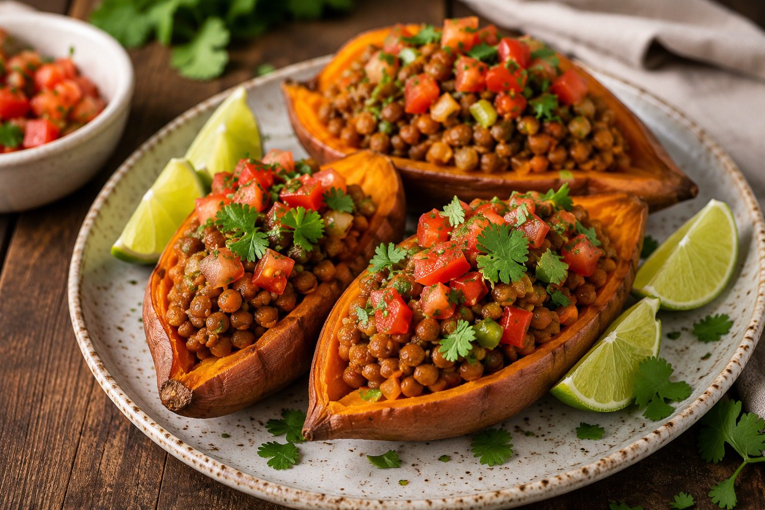 Smoky lentil stuffed sweet potatoes topped with fresh tomatoes, cilantro, and lime wedges on a rustic ceramic plate, served as a hearty plant-based dinner.
