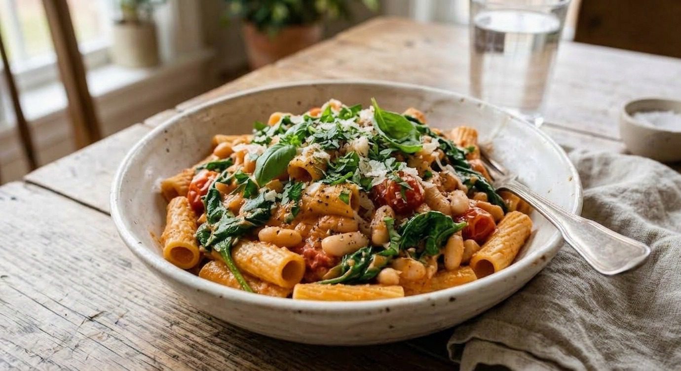 Creamy plant-based pasta with white beans, spinach, cherry tomatoes, fresh basil, herbs, and grated vegan cheese served in a rustic bowl.