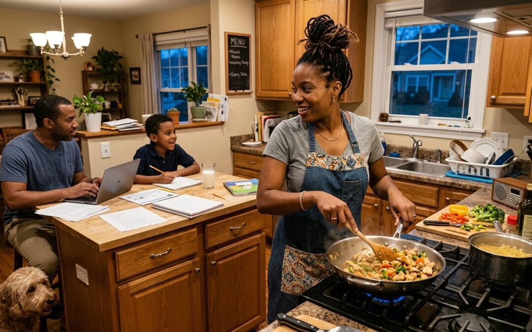 Family preparing a homemade meal together in the kitchen while a mother cooks fresh vegetables and a balanced dinner.