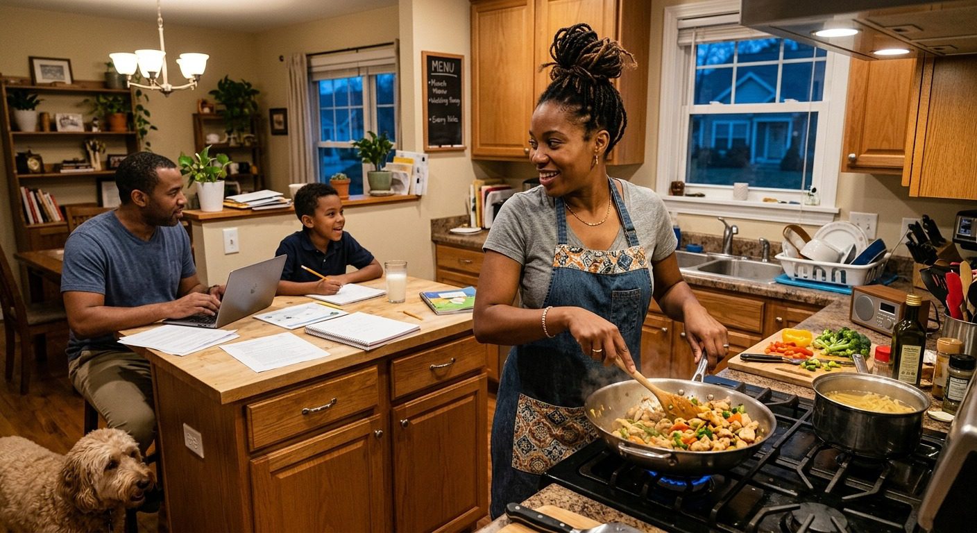 Family preparing a homemade meal together in the kitchen while a mother cooks fresh vegetables and a balanced dinner.