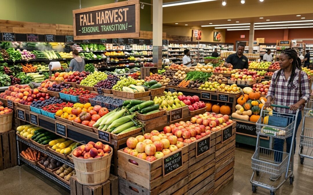 Fresh seasonal fruits and vegetables displayed in a grocery store produce section during the fall harvest season.