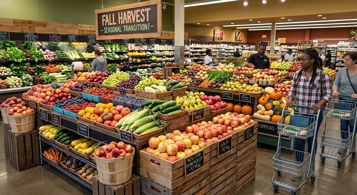 Fresh seasonal fruits and vegetables displayed in a grocery store produce section during the fall harvest season.