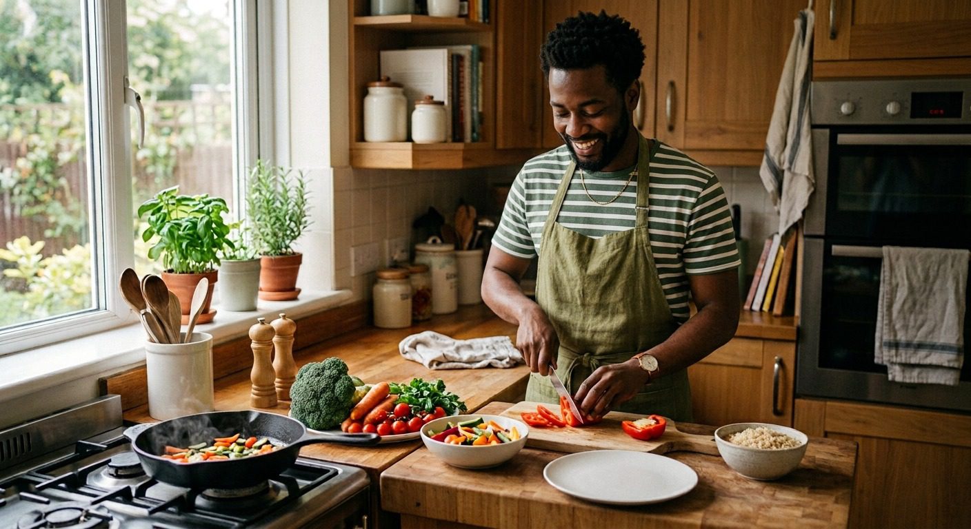 Person preparing a simple balanced meal as part of a flexible eating routine