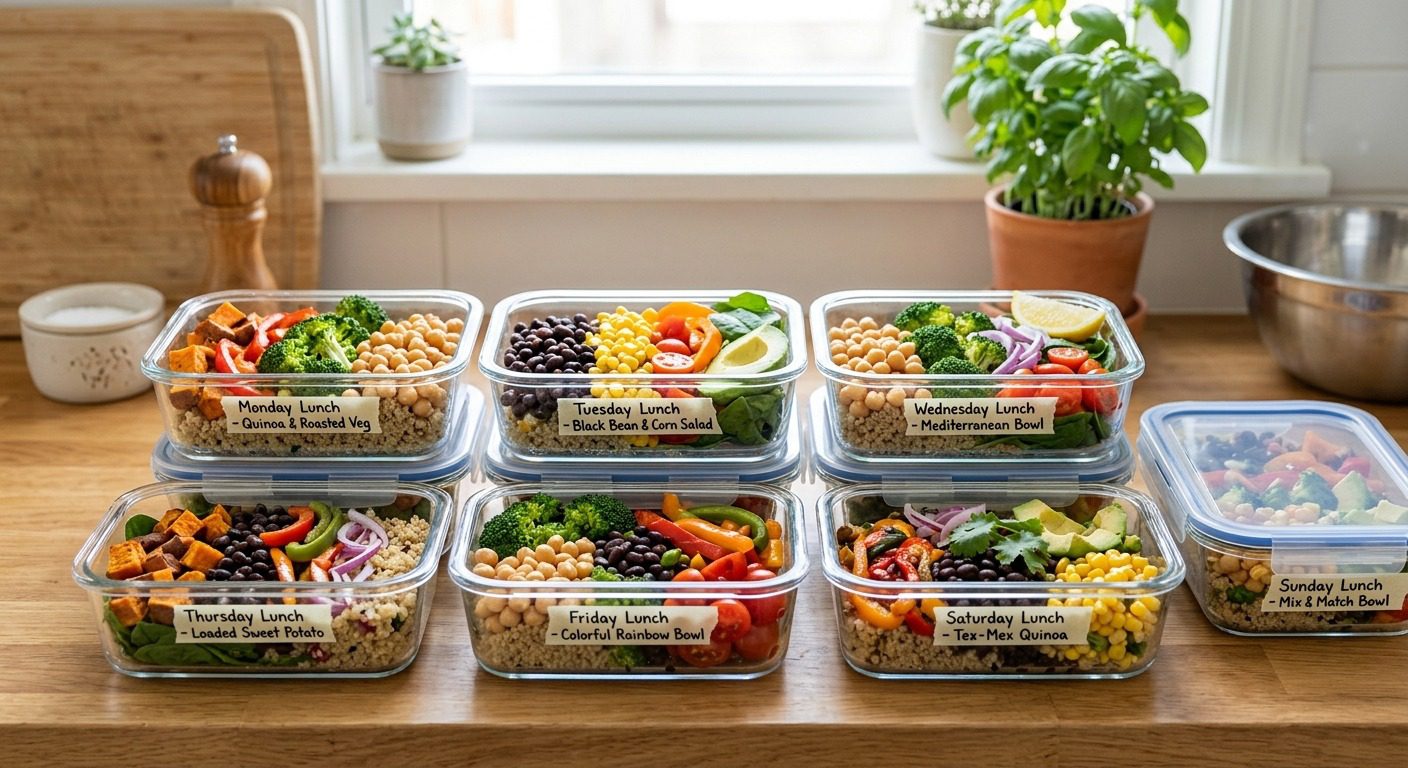 Weekly plant-based meal prep with labeled lunch containers filled with quinoa, roasted vegetables, black beans, chickpeas, corn, sweet potatoes, and fresh salad ingredients for easy healthy lunches.