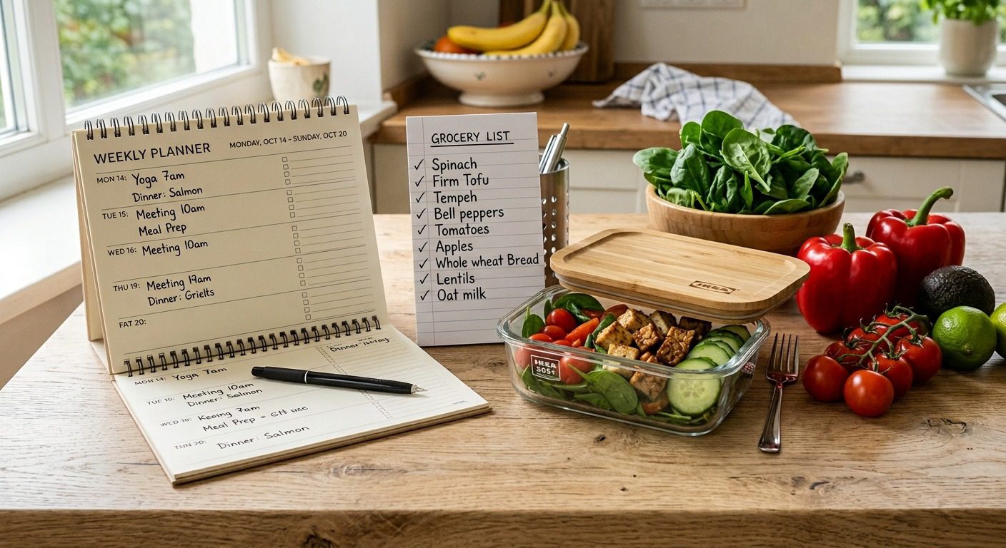 Healthy weekly meal planning with a grocery list, fresh vegetables, plant-based ingredients, and a prepared salad on a kitchen table.
