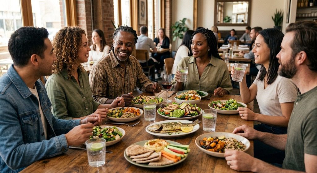 Friends enjoying a balanced meal together during a weekend gathering