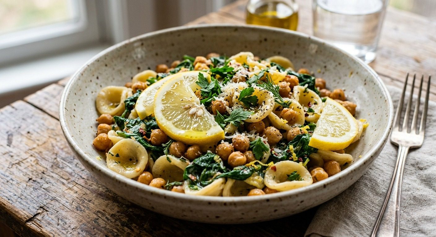 Healthy vegan orecchiette pasta with chickpeas, sautéed spinach, fresh herbs, lemon slices, and plant-based seasoning served in a rustic bowl.