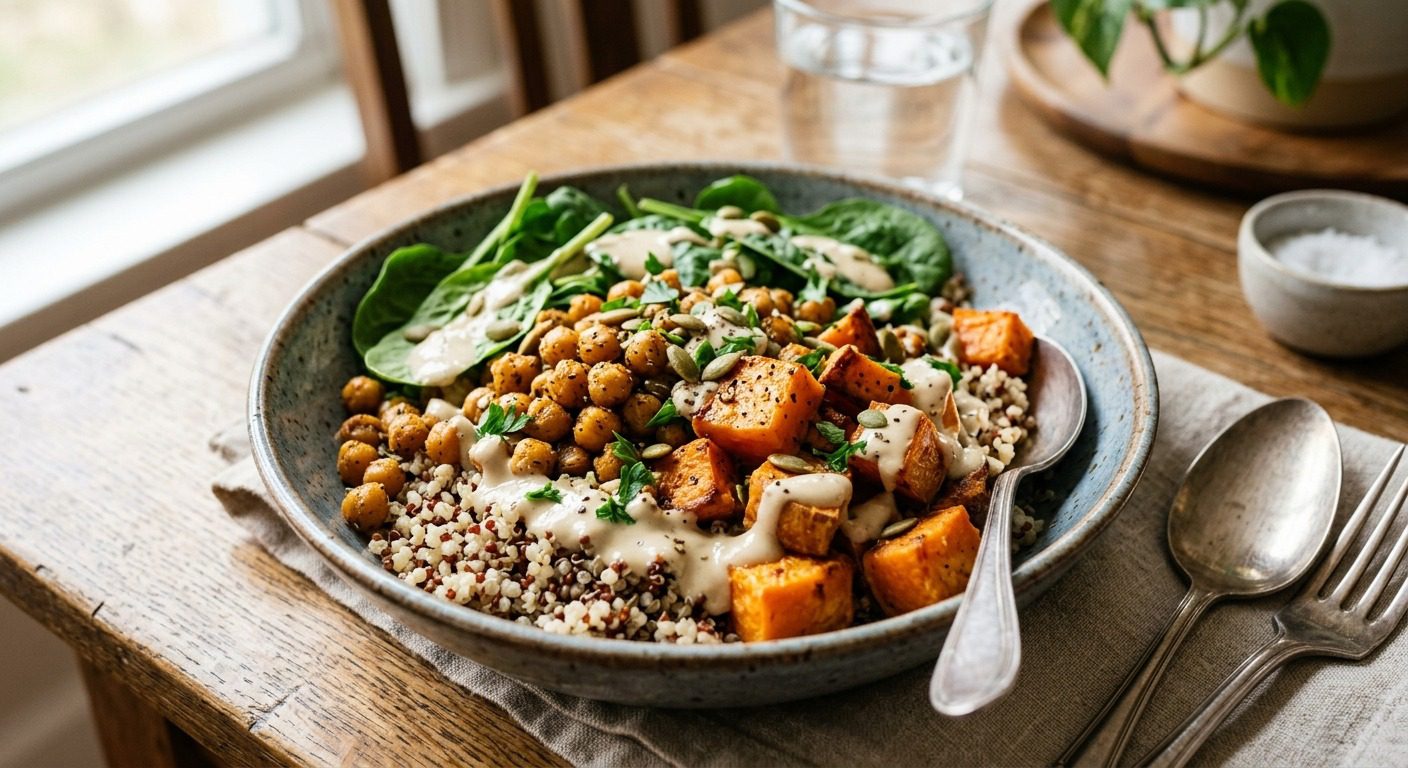 Healthy vegan quinoa and chickpea bowl with roasted sweet potatoes, fresh spinach, pumpkin seeds, and creamy tahini dressing, featuring a nutritious plant-based meal idea for healthy eating and weekly meal prep.