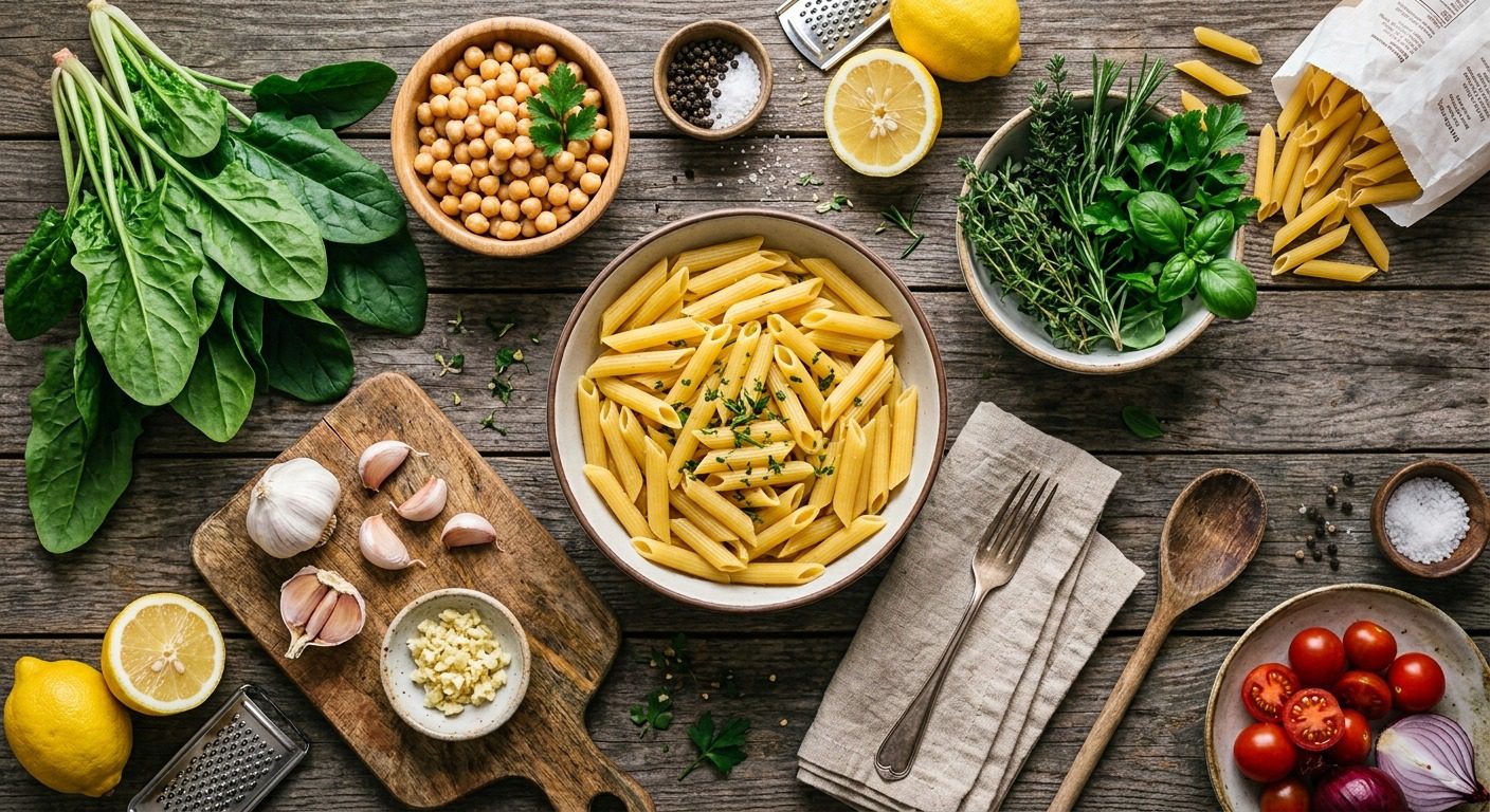 Penne pasta with chickpeas, fresh spinach, garlic, lemon, tomatoes, and herbs arranged on a rustic wooden table.