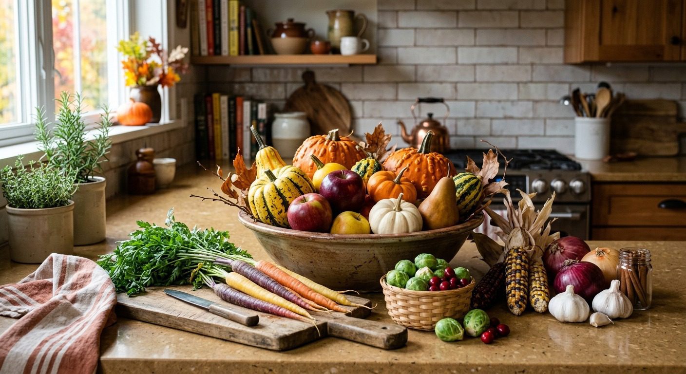 Fresh fall fruits and vegetables arranged on a kitchen counter with pumpkins, apples, carrots, Brussels sprouts, corn, garlic, and seasonal squash.