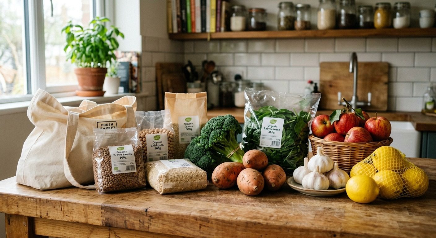 Healthy plant-based pantry staples including organic lentils, chickpeas, quinoa, brown rice, fresh spinach, broccoli, sweet potatoes, apples, garlic, and lemons arranged on a kitchen countertop for nutritious meal prep and healthy cooking.