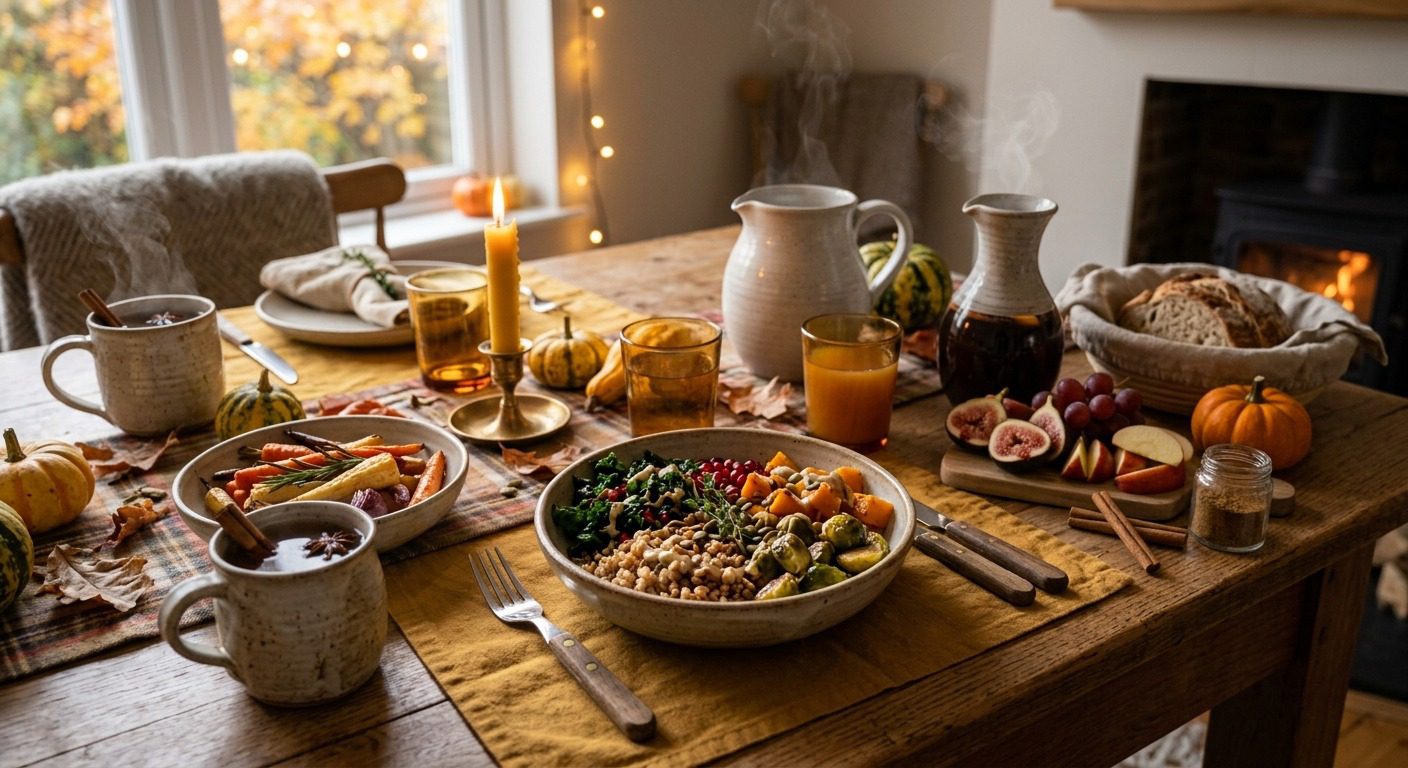 Simple healthy fall dinner with seasonal vegetables and grains