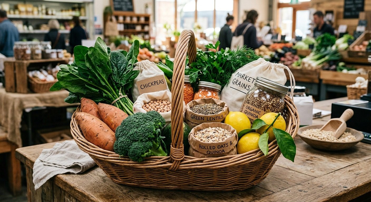 Basket of fresh vegetables, chickpeas, lentils, quinoa, oats, and grains at a local farmers market, showcasing healthy plant-based ingredients.
