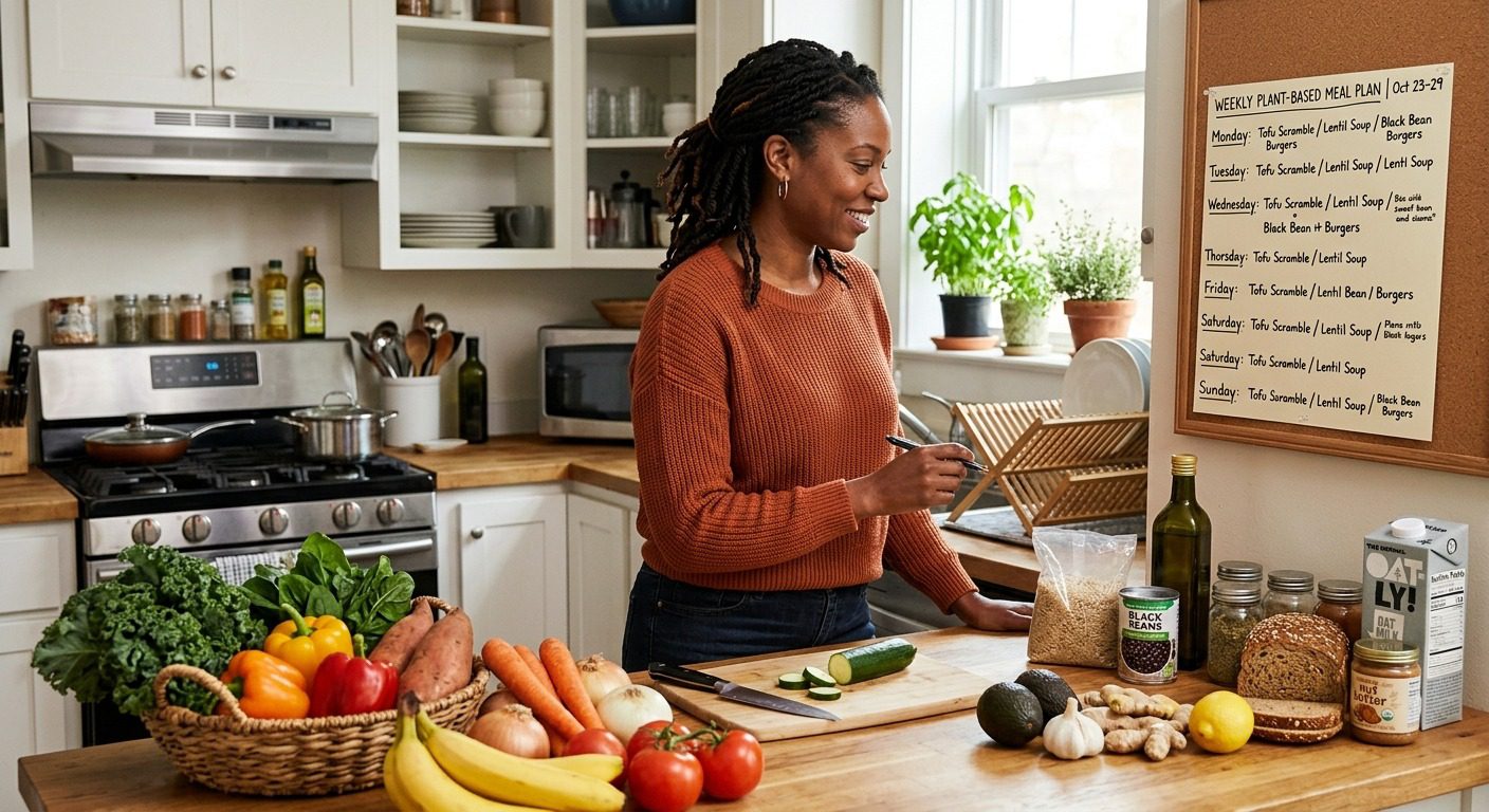 Woman planning a simple healthy weekly meal plan in a kitchen with fresh vegetables, fruits, beans, whole grains, and plant-based ingredients.