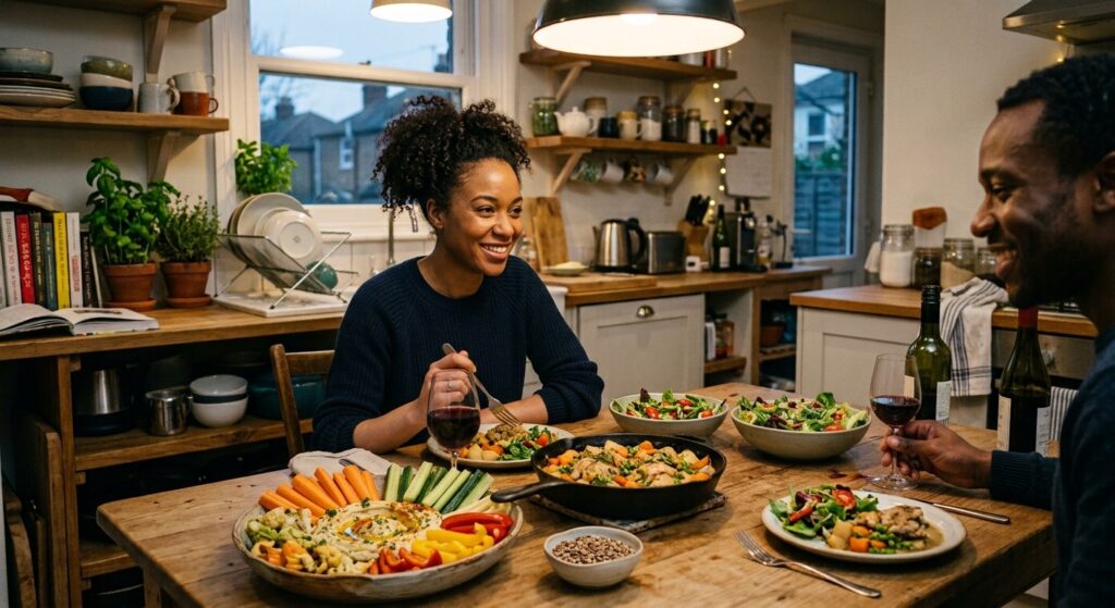 Couple enjoying a healthy weeknight dinner together at a cozy home kitchen table, with colorful vegetables, hummus, salads, and a skillet meal served family-style.