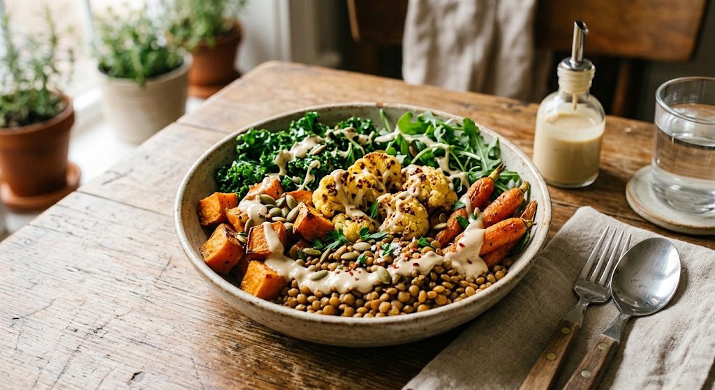 Warm harvest lentil and roasted vegetable bowl with tahini dressing