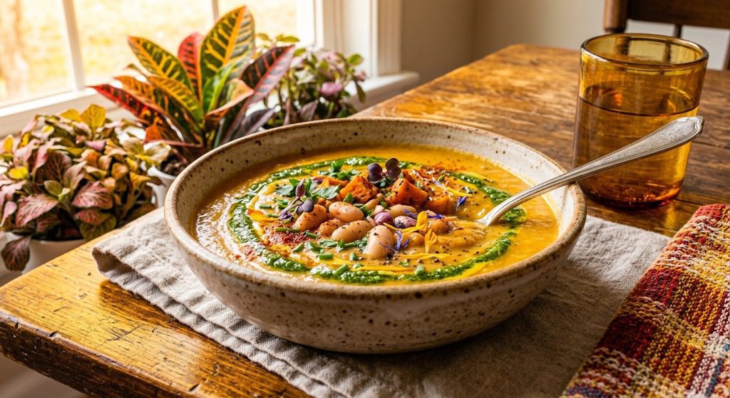 Creamy white bean and sweet potato soup with tender sweet potatoes